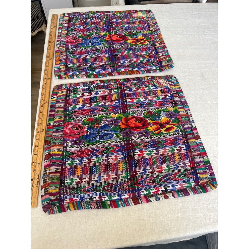 Vintage Guatemalan Huipil Hand Woven Boho Floral Embroidery Pillow Covers Pair